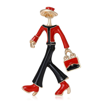 Wide Brim Hat Woman Brooch With Handbag in Red or White