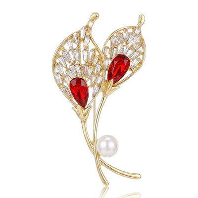 Front view of the calla lily crystal brooch in blue silver and red gold brooch and its color options