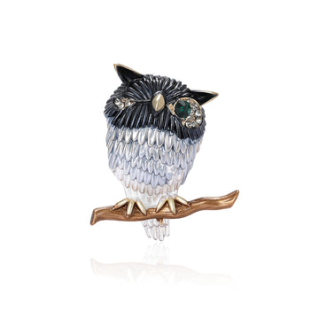 Single Eye Metal Owl on Branch Brooch in Brown and Blue