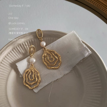 Gold Tone White Pearl And Irregular Nested Loop Disc Drop Earrings