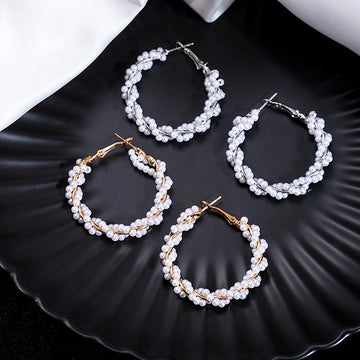 Gold Tone Small Hoop White Pearl Look Bead Cluster Earrings