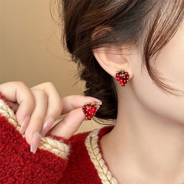 Red Strawberry Crystal Beaded Stud Earrings With Metal Details