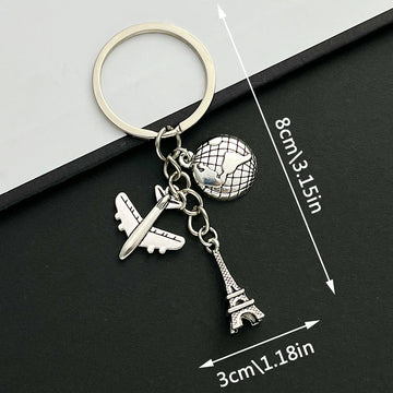 Antique Silver Airplane Globe and Eiffel Tower Travel Charm Keychain
