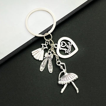 Antique Silver Ballerina Dress Shoe and Heart Charm Keychain