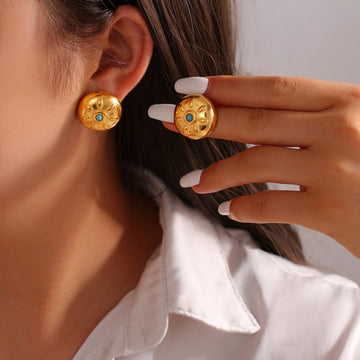 Gold Steel Sun Circle Stud Earrings Blue Oil Drip Center