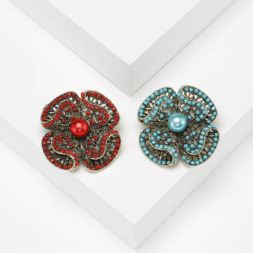 Filigree Crystal Flower Brooch Pearl Center Red Blue