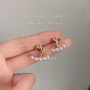 Gold Tone Heart Top And White Pearl Row Ear Jacket Stud Earrings