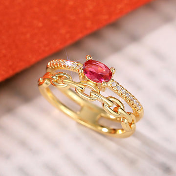 Gold Tone Dual Band Chain Pink Oval Stone Finger Ring