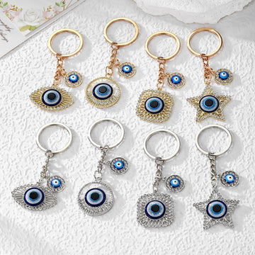 Rhinestone Evil Eye Keychains Gold Silver Eight Shapes