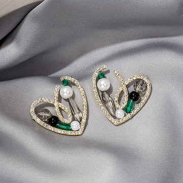 Gold Heart Frame Pearl Crystal Stud Earrings Green Accents