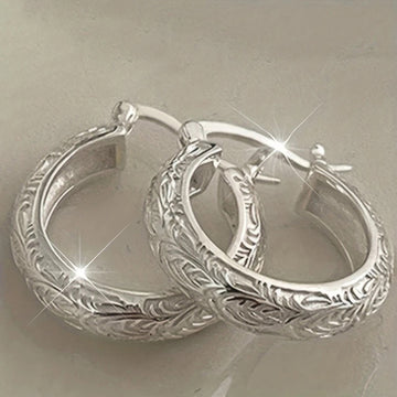 Silver Floral Engraved Thick Huggie Hoop Earrings Pair
