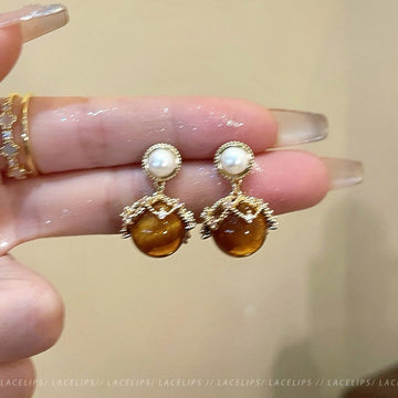 Tiger Eye Pearl Frame Drop Earrings with Distinctive Textured Details