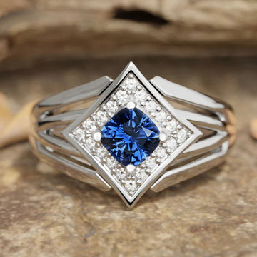 Silver Tone Blue Cushion Halo Multi Band Ring Sizes 6-10