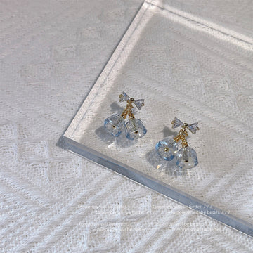 Gold CZ Bow Pale Blue Glass Bell Drop Stud Earrings