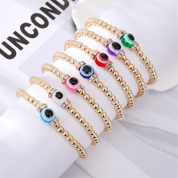 Gold Tone Beaded Colorful Evil Eye Stretch Bracelets