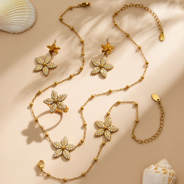 Five Petal Zircon Flower Necklace Bracelet Earring Ring Set