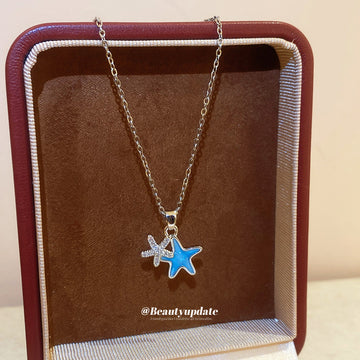 Blue Layered Star Pendant Necklace With Fine Silver Tone Chain