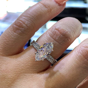 White Gold Marquise Clear Stone Ring Double Pave Band 6-10