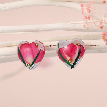 Clear Resin Red Pressed Flower Heart Stud Earrings