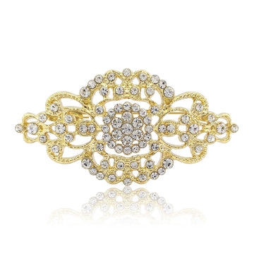 Symmetrical Crystal Filigree Bar Brooch in Gold or Silver Tone