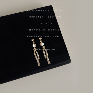 Gold White Pearl Twisted Crystal Ribbon Drop Stud Earrings