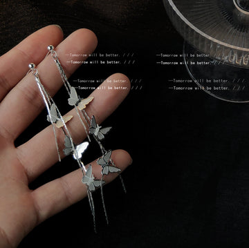 Silver Tone Butterfly Chain Long Threader Stud Earrings For Women