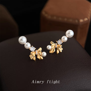 Gold Pearl Bow Ear Climber Earrings Zircon Accents