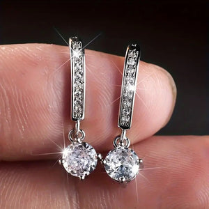 Round Clear Solitaire Bar Drop Earrings In Three Metal Tones