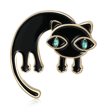 Long-Tail Cat Brooch in Metal with Glossy Enamel Body with Blue Crystal Eyes