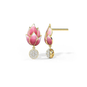 Gold Tone Pink Lotus Bud Stud Earrings Clear CZ Drop