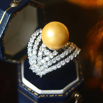 Gold Pearl and Layered Crystal Curve Ring With Clear Crystal Accents