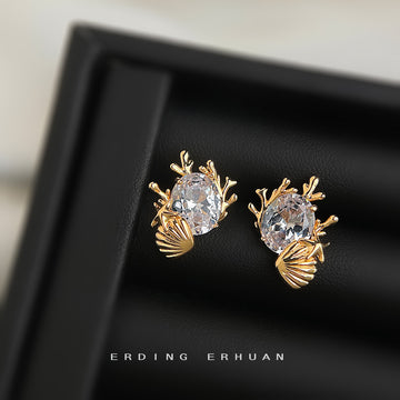 Gold Coral Shell Clear Oval CZ Ocean Stud Clip Earrings
