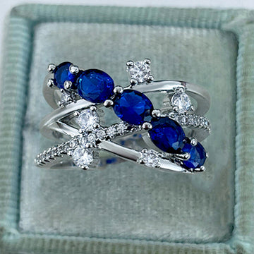 Silver Tone Blue Oval Crisscross Multi Band Ring Sizes 6-10