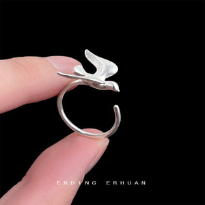 Silver Tone Flying Bird Sculptural Adjustable Open Ring