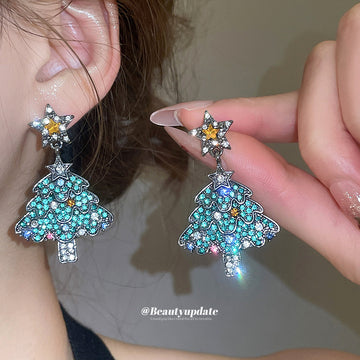 Green Crystal Christmas Tree Star Drop Earrings Jewelry Accessory
