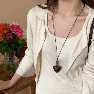 Brown Wood Grain Heart Pendant Cord Necklace Jewelry