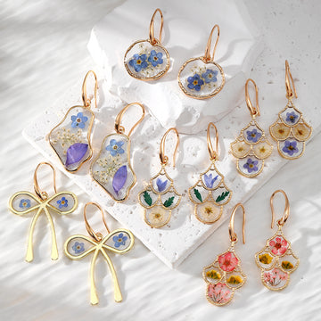 Gold Tone Blue Pressed Flower Resin Hook Earrings in Six Designs