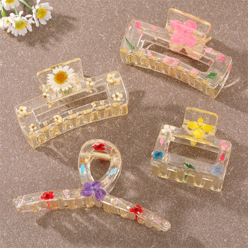 Transparent Resin Pressed Flower Rectangular Hair Claw Clips