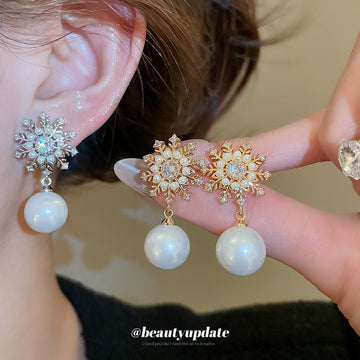 Crystal Flower and Pearl Drop Stud Earrings in Two Colors