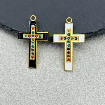 Enamel Cross Charm Pendant Rhinestone Gold-Tone Two Colors