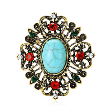 Ornate Oval Turquoise Color Crystal Brooch for Jackets, Coats, and Scarves