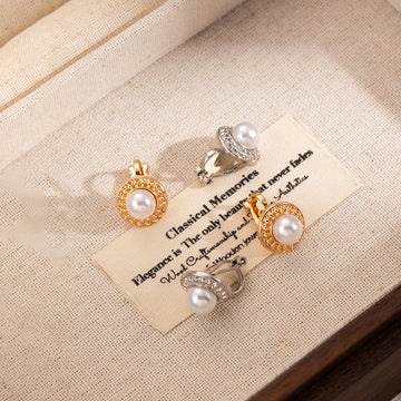 Gold and Silver Pearl Look Clear Halo Clip Earrings