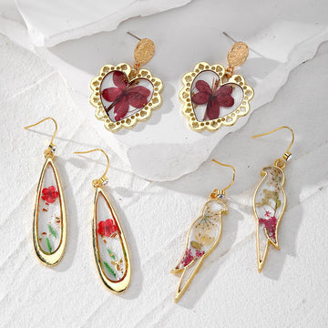 Gold Tone Pressed Flower Resin Drop Earrings in Three Designs