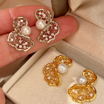 Gold And Silver Tone Open Floral Pearl Stud Earrings