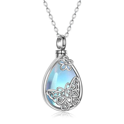 Silver teardrop butterfly moonstone urn pendant on white background