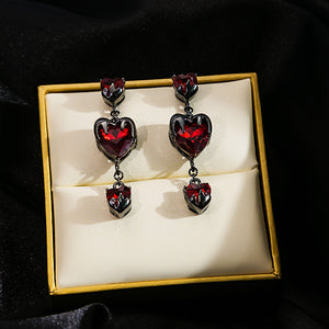 Gunmetal Heart Drop Earrings with Three Red Faceted Glass Hearts