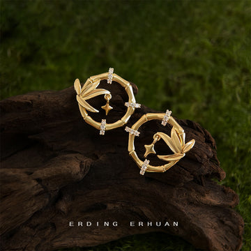 Gold Bamboo Circle Star Drop Stud Earrings CZ Accents
