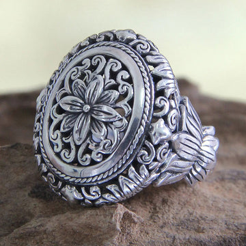 Antique Silver Openwork Floral Oval Ring Sizes 5-12
