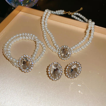 Double Strand Pearl Jewelry Set Oval Crystal Center 2 Colors