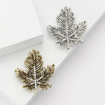 Maple Leaf Rhinestone Brooch Antique Silver or Gold Tone Pin